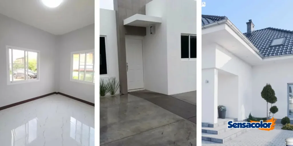 Imagen compuesta con un salón interior minimalista y dos fachadas exteriores modernas pintadas de blanco clásico, ideal para inspirarte en colores de pintura para el exterior de tu casa.