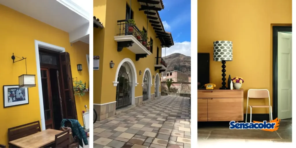 Imagen compuesta con un salón interior minimalista y dos fachadas exteriores modernas pintadas de amarillo mostaza, ideal para inspirarte en colores de pintura para el exterior de tu casa.