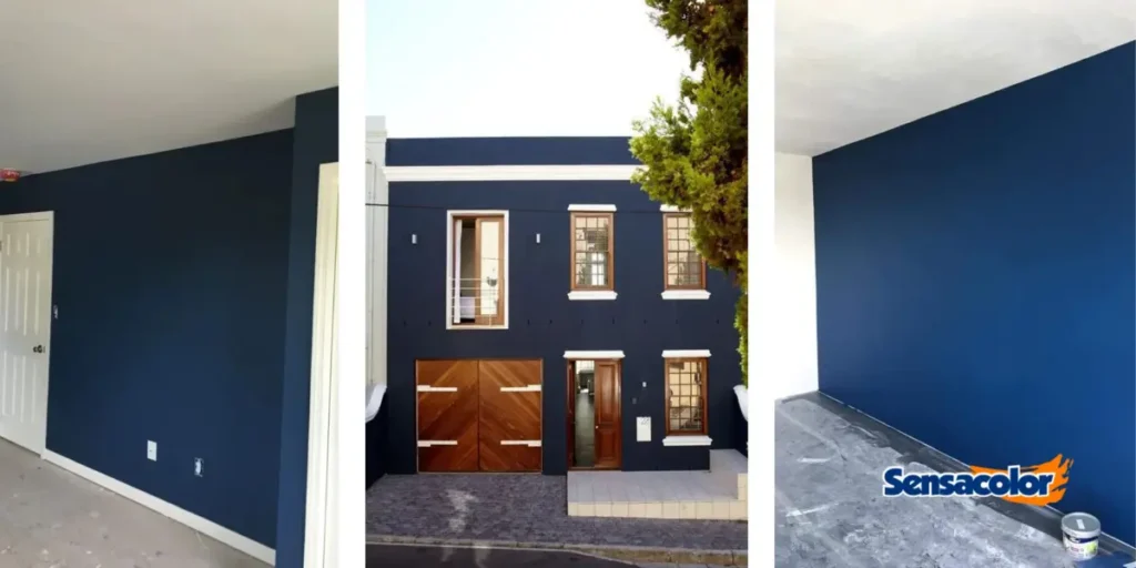 Imagen compuesta con un salón interior minimalista y dos fachadas exteriores modernas pintadas de azul profundo, ideal para inspirarte en colores de pintura para el exterior de tu casa.