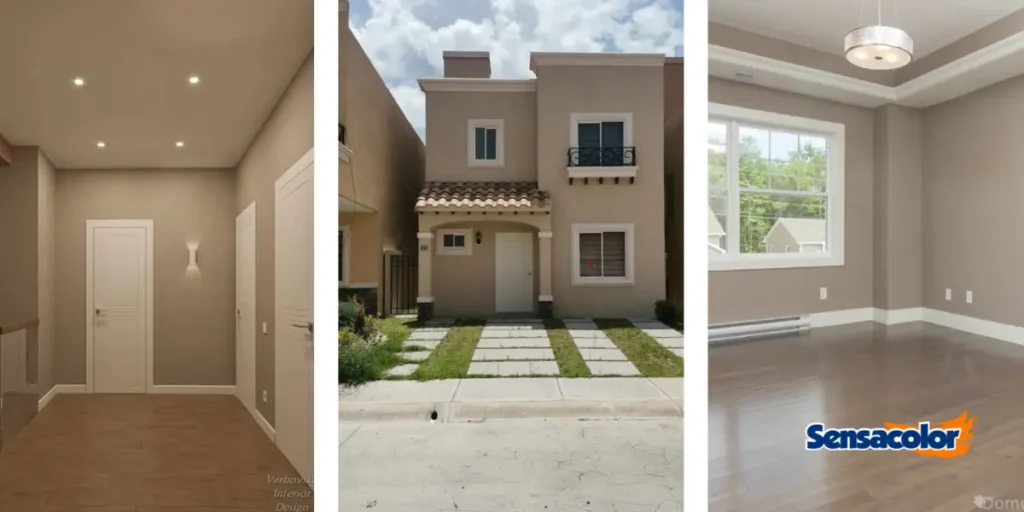 Imagen compuesta con un salón interior minimalista y dos fachadas exteriores modernas pintadas de beige, ideal para inspirarte en colores de pintura para el exterior de tu casa.