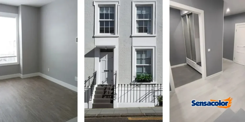 Imagen compuesta con un salón interior minimalista y dos fachadas exteriores modernas pintadas de gris suave, ideal para inspirarte en colores de pintura para el exterior de tu casa.