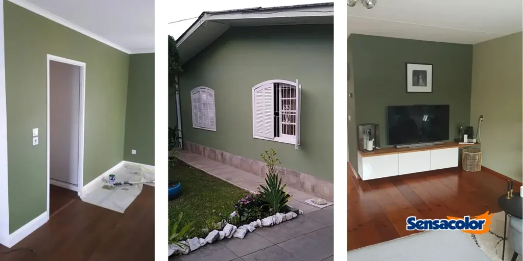 Imagen compuesta con un salón interior minimalista y dos fachadas exteriores modernas pintadas de verde oliva, ideal para inspirarte en colores de pintura para el exterior de tu casa.